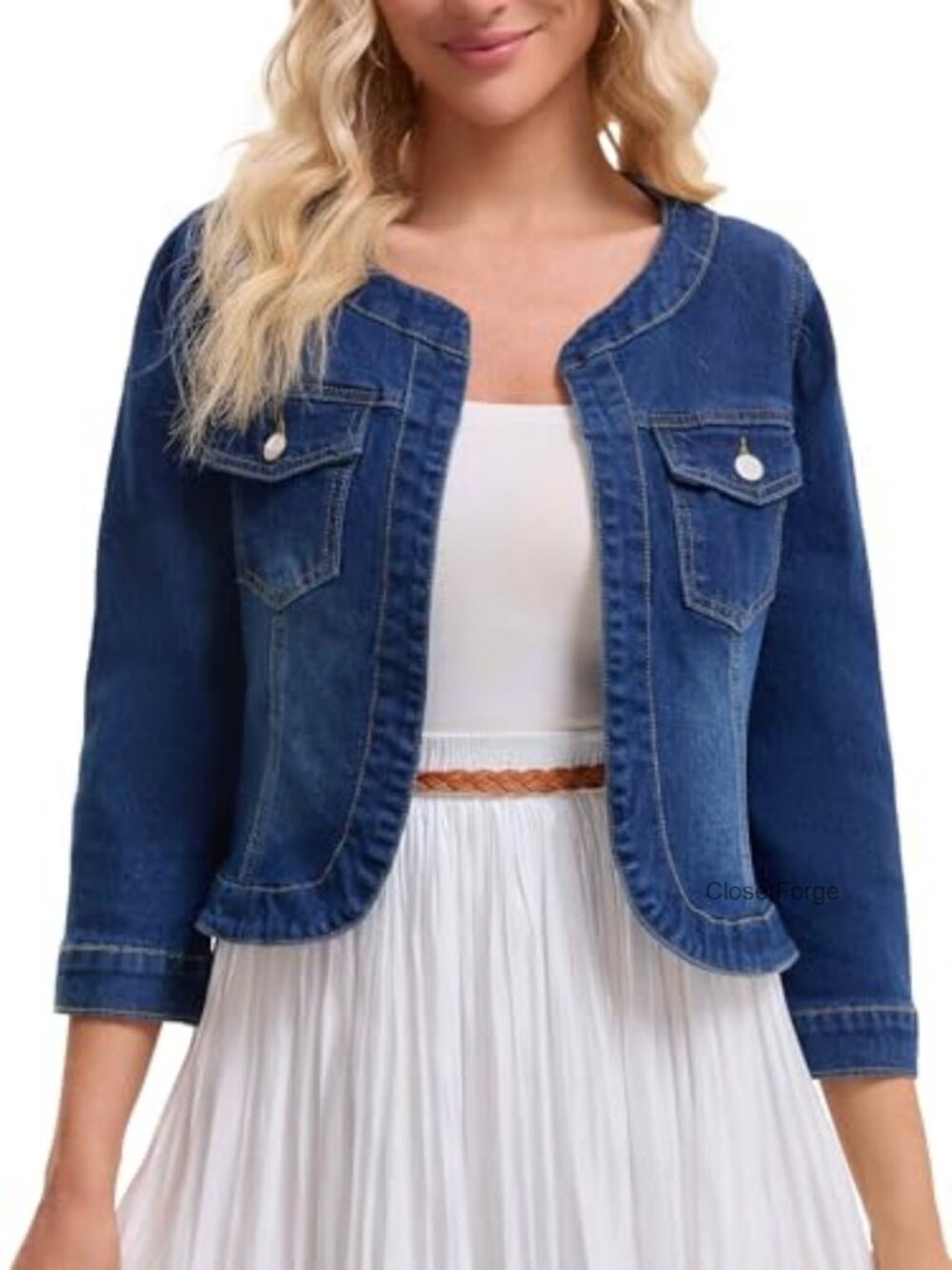 Collarless 3/4 Sleeve Denim Jacket for Women Button Down Washed Jean Coat